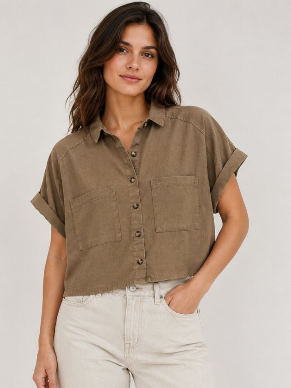 Suite 2939 Linen Blend Cropped Button Down Top Large